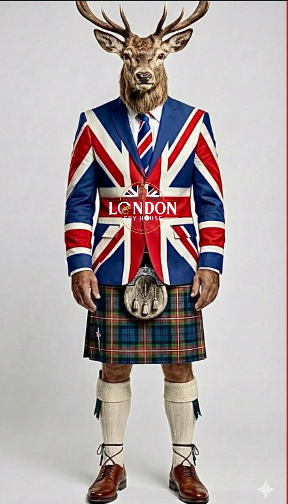 London Fry House mascot — a stag dressed in a Union Jack suit and tartan kilt