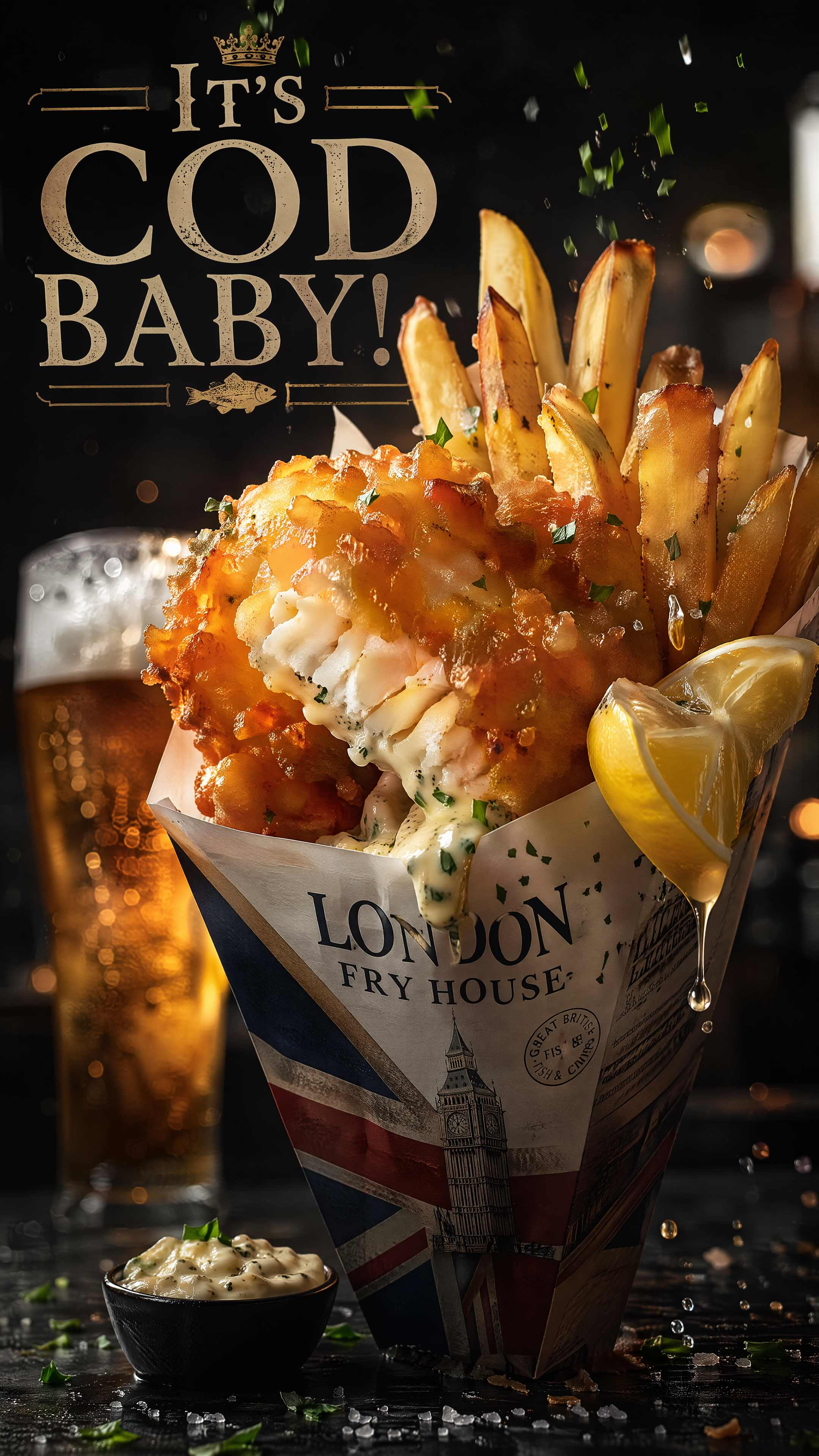 It's Cod Baby — London Fry House crispy cod and chips in a Union Jack cone with a cold beer