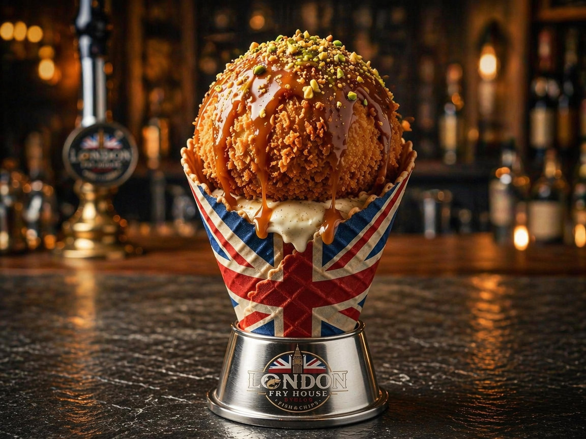 London Fry House signature fried ice cream in a Union Jack cone with caramel and pistachio
